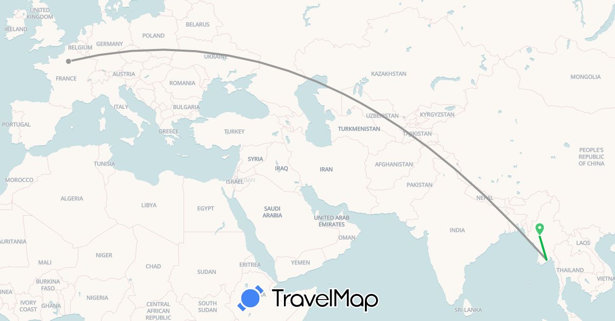 TravelMap itinerary: bus, plane in France, Myanmar (Burma) (Asia, Europe)